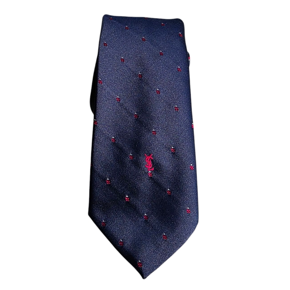 Vintage YSL Yves Saint Laurent Elegant Navy Blue Tie with Red Accents in EUC